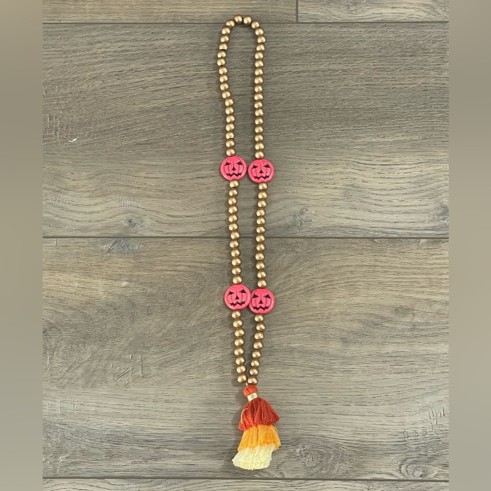 Orange and Gold Beaded Necklace with Tassel
